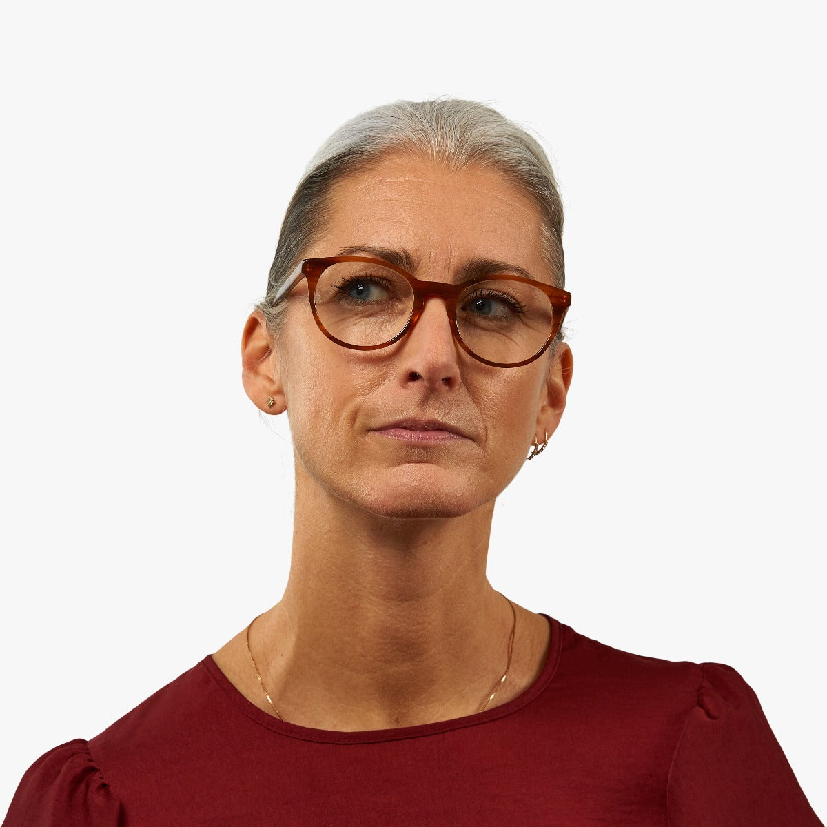 Luxreaders stylish Women's Örebro Shiny Walnut Blue light glasses. Made from Acetate in a Iconic shape.
