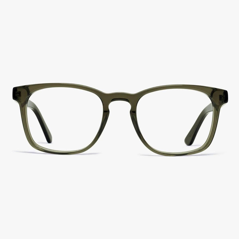 Square shiny olive reading glasses with a transparent frame