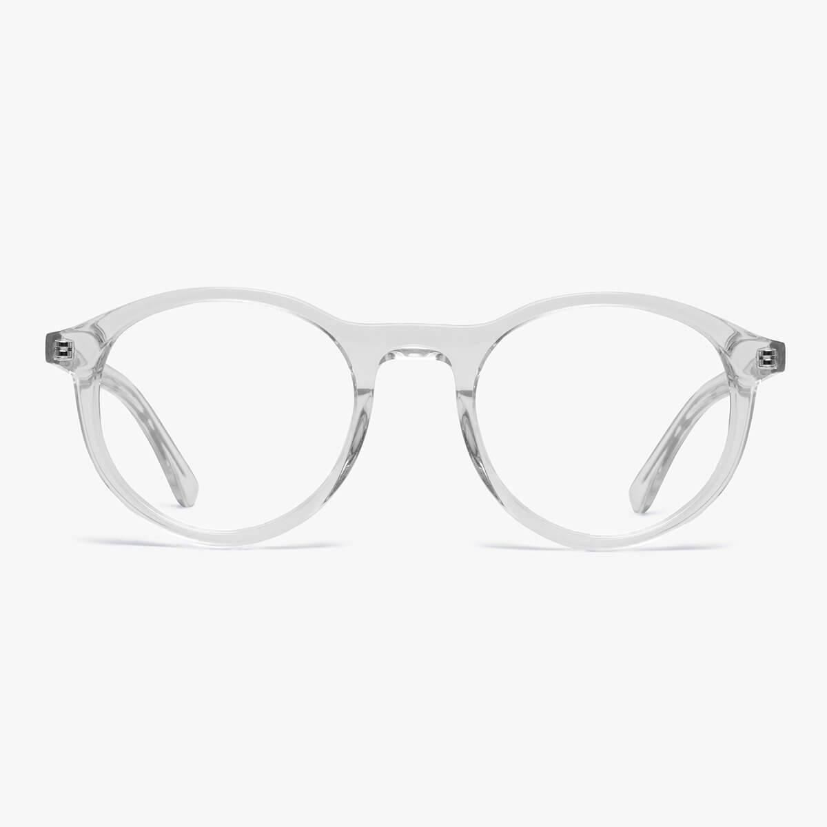 Luxreaders stylish Løkken Crystal White Reading glasses. Made from Acetate in a Round shape.