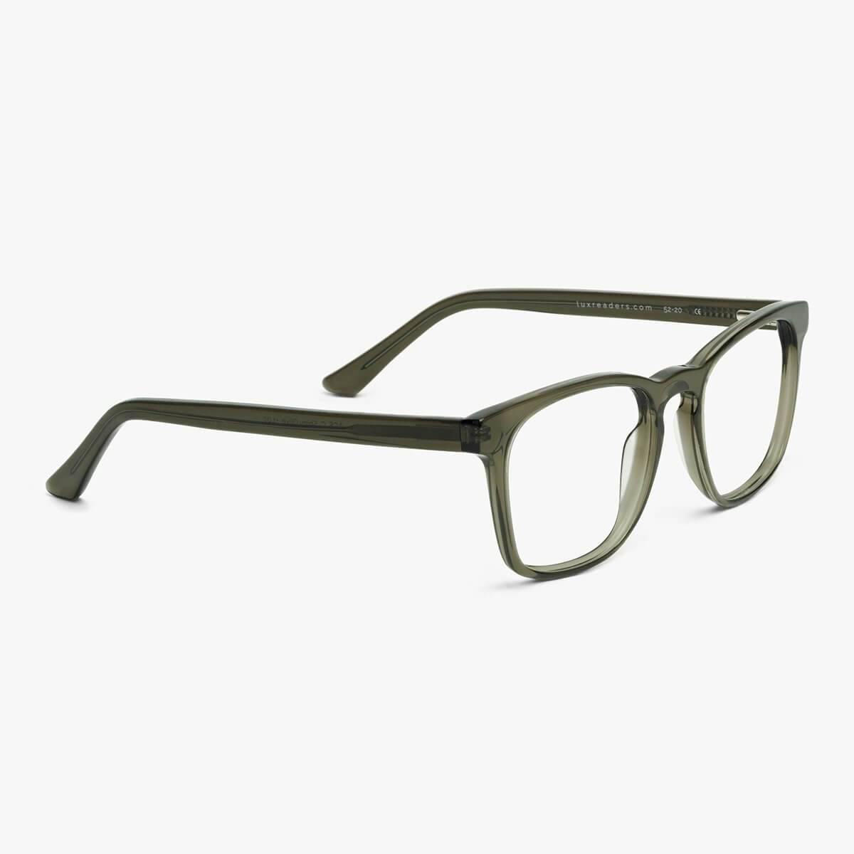 Luxreaders stylish Bornholm Shiny Olive Blue light glasses. Made from Acetate in a Square shape.