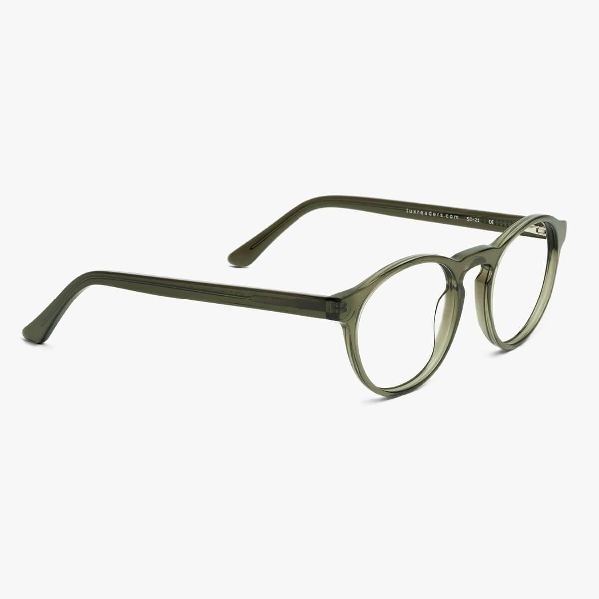 Luxreaders stylish Trondheim Shiny Olive Reading glasses. Made from Acetate in a Round shape.