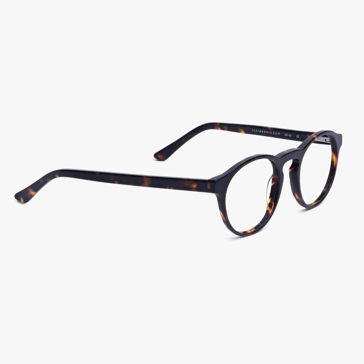 Luxreaders stylish Women's Trondheim Dark Turtle Blue light glasses. Made from Acetate in a Round shape.