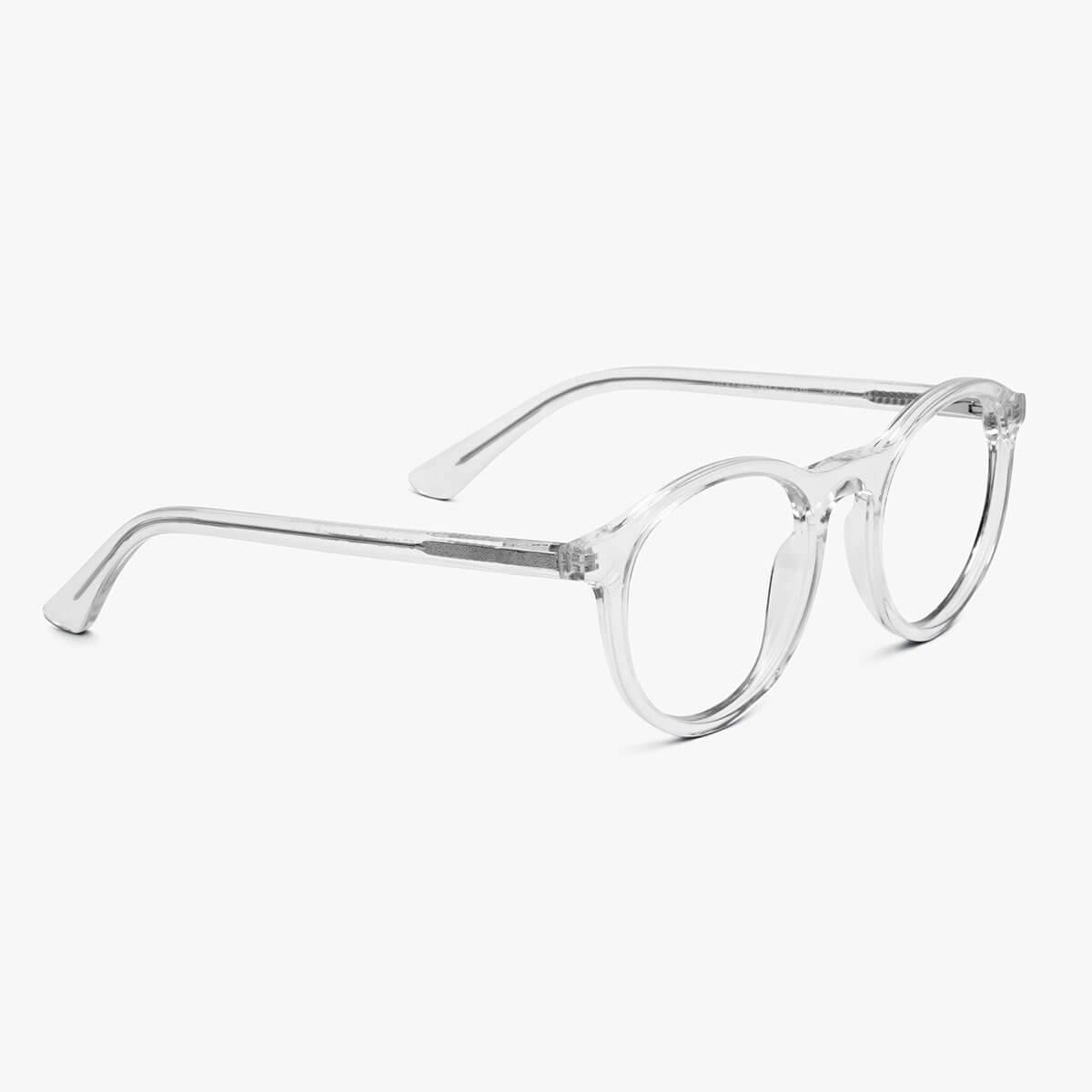 Luxreaders stylish Men's Løkken Crystal White Blue light glasses. Made from Acetate in a Round shape.