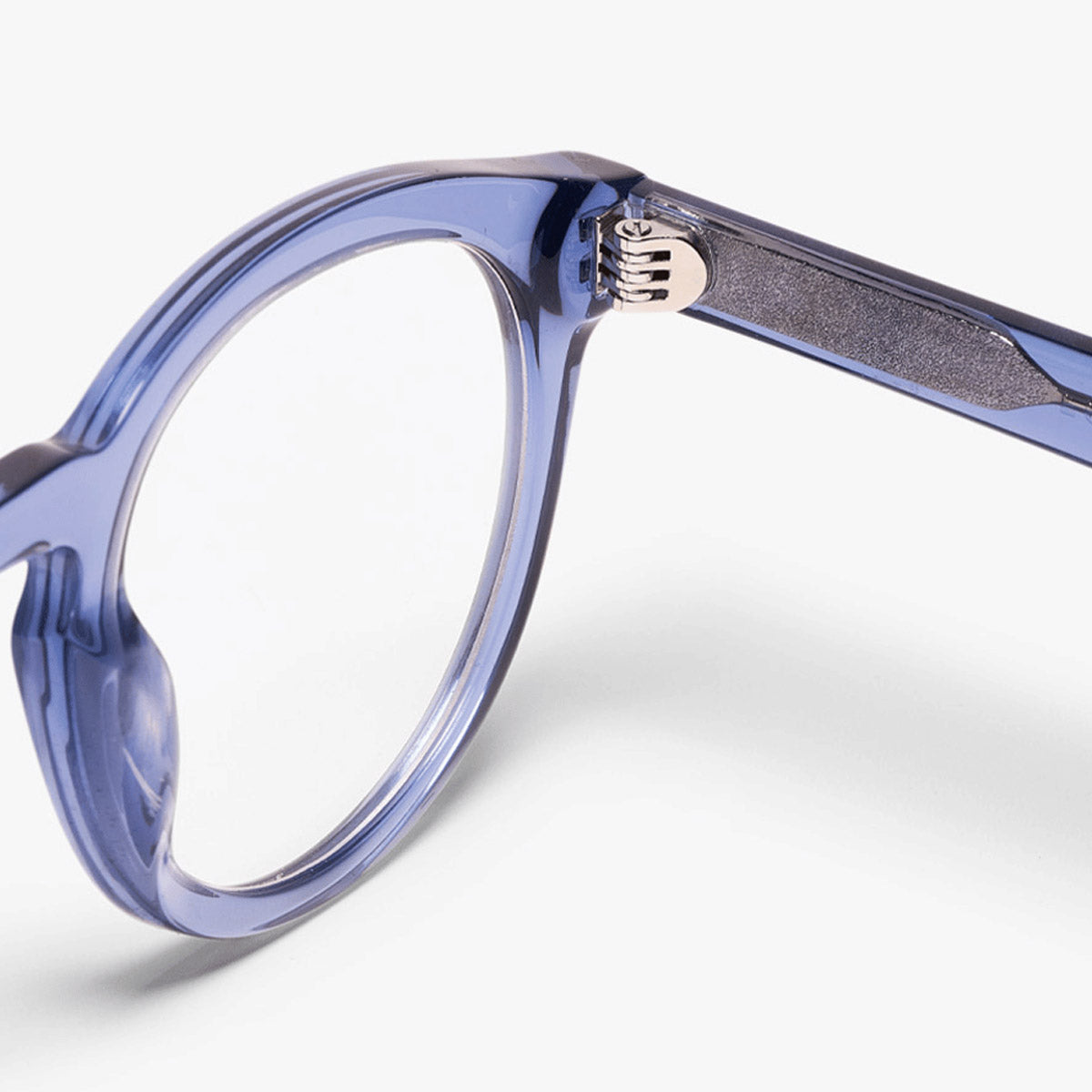 Side view of Gråsten Crystal Blue glasses with blue transparent frame