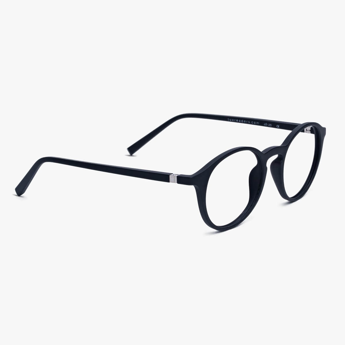 Læsø Black round black reading glasses with Luxreaders branding