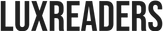 White Luxreaders logo with tilted lines and text on a black background.