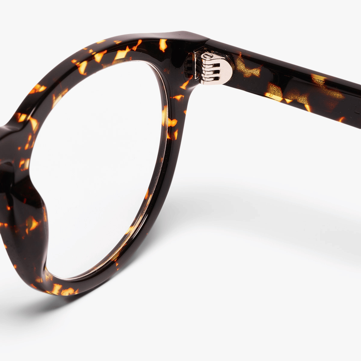 Tortoiseshell round glasses frame with metal hinge detail
