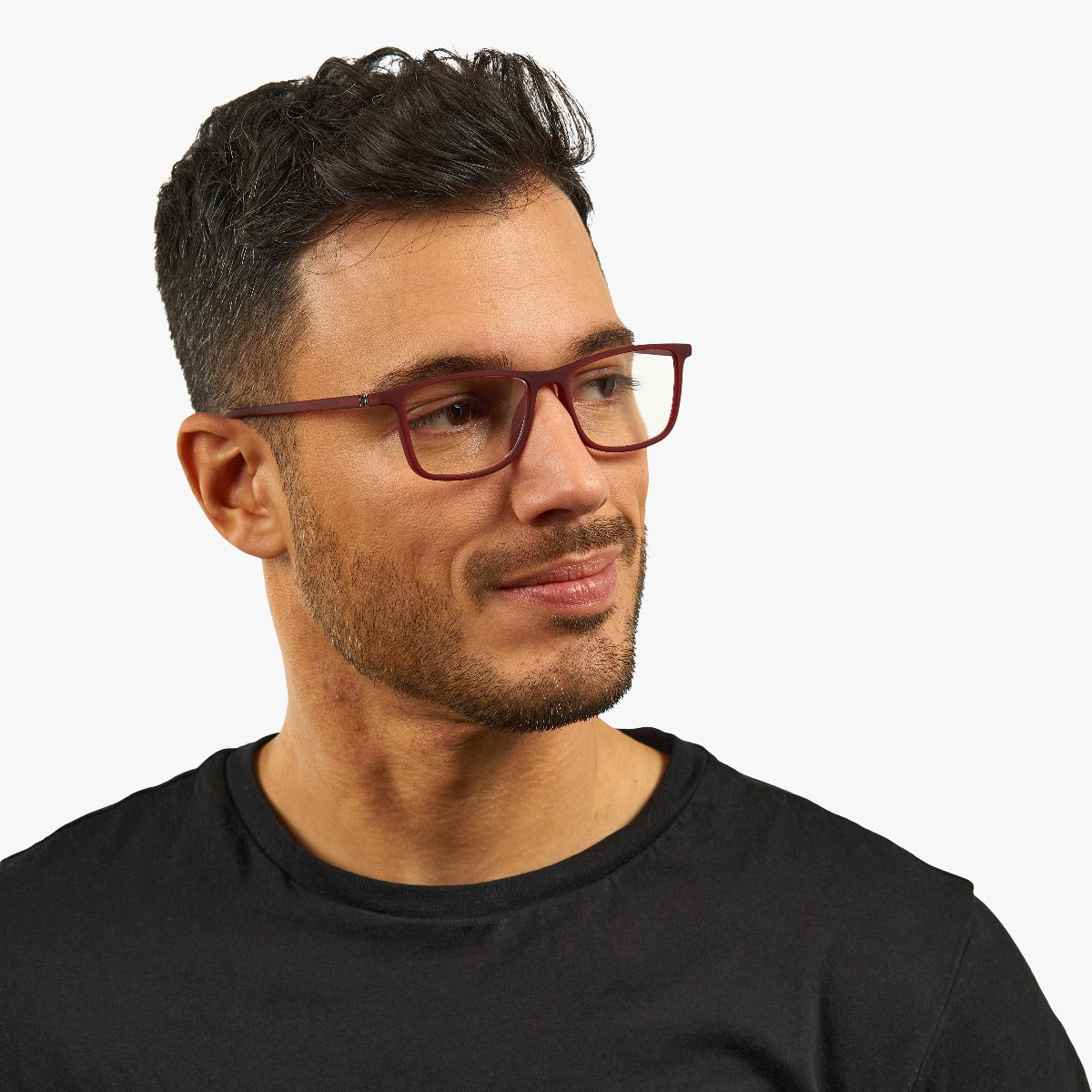 Person wearing Skagen Red rectangular reading glasses