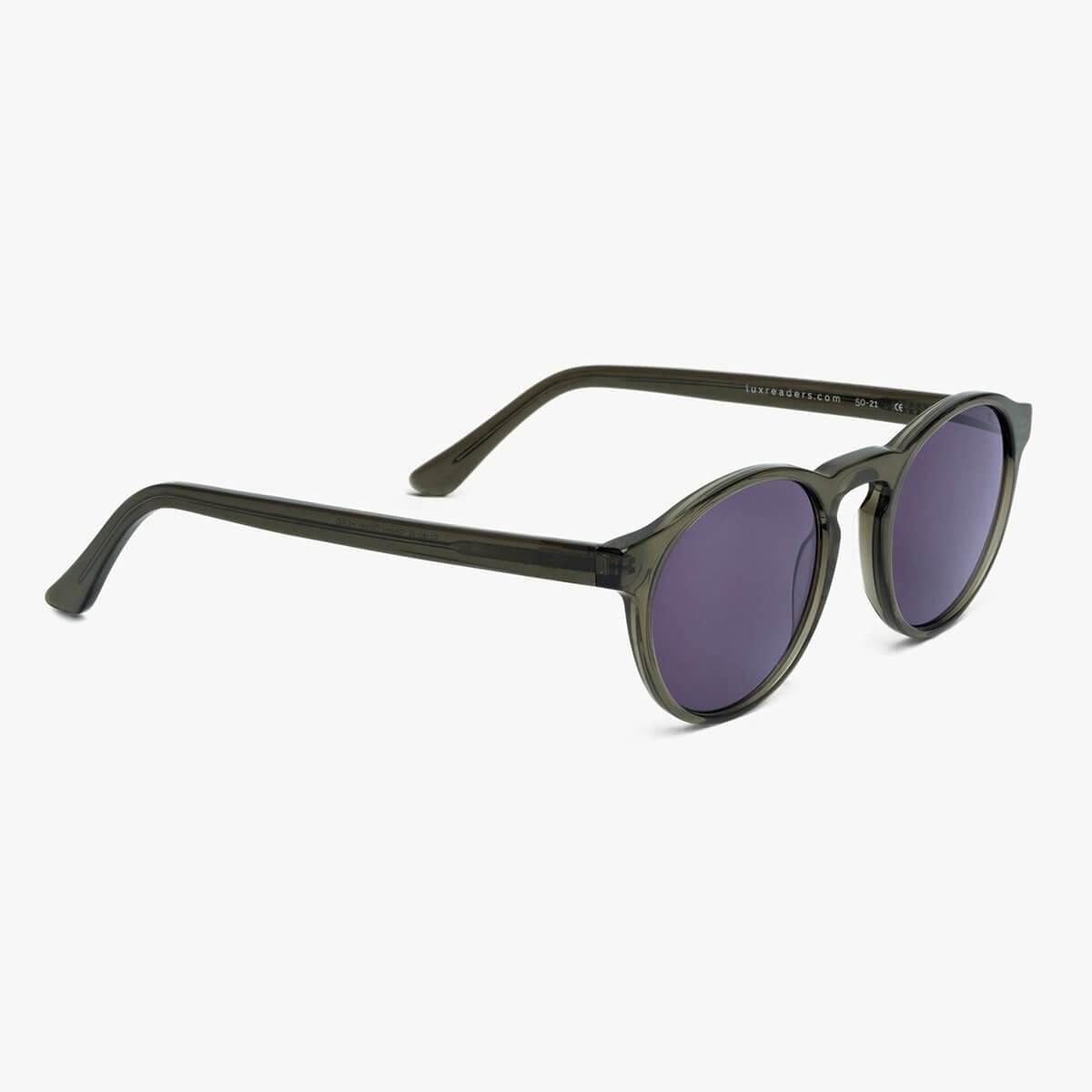 Trondheim Shiny Olive reading glasses with dark lenses