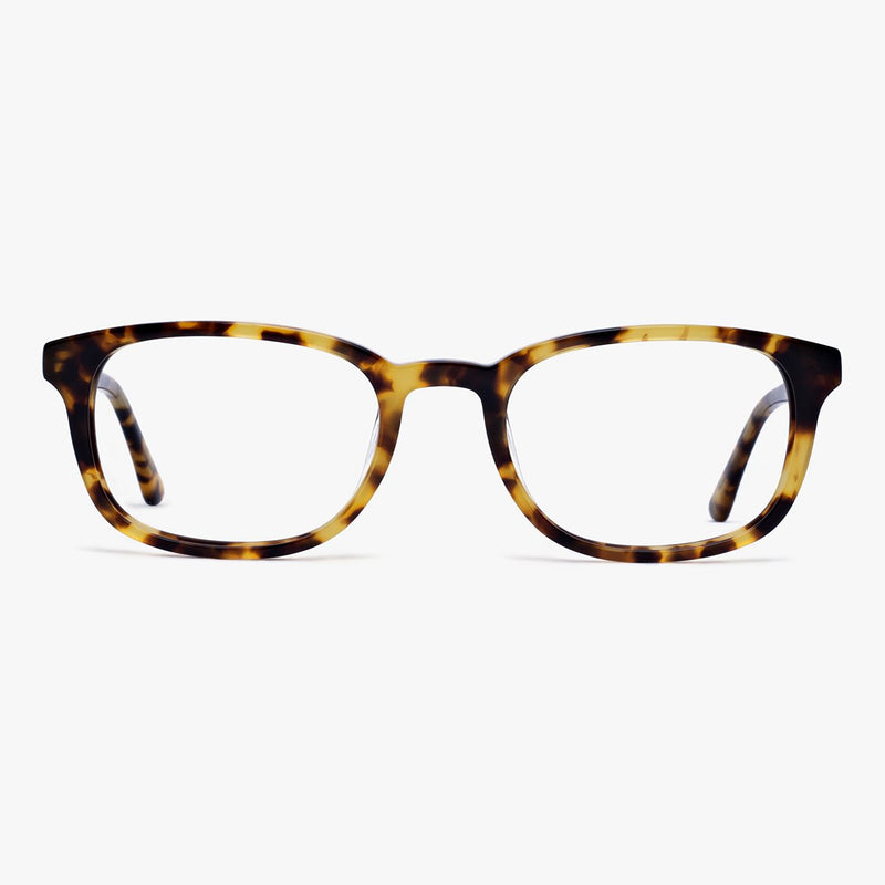 Tortoiseshell rectangular reading glasses on white background