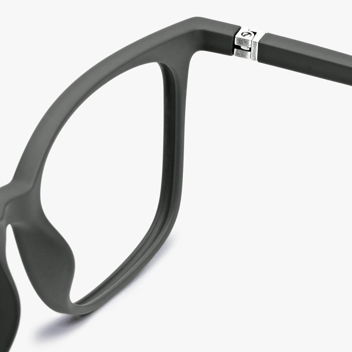 Dark army green glasses with metal hinge detail