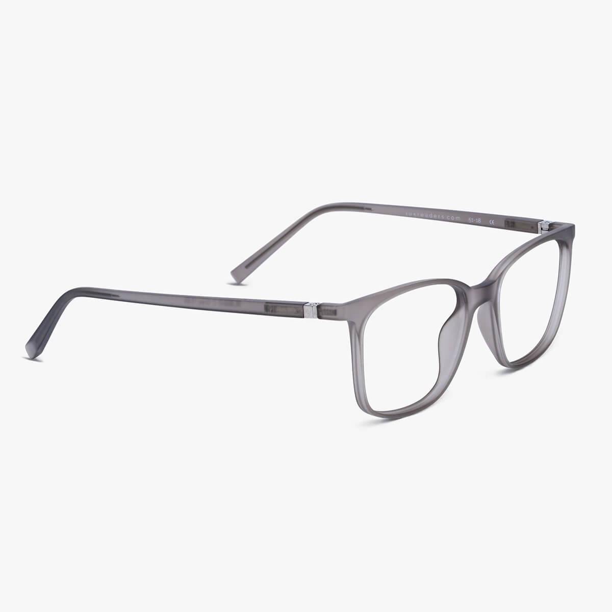 Women's Fyn Grey eyeglasses with a sleek, translucent grey frame