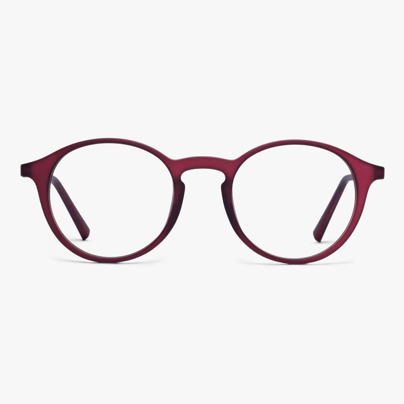 Round red reading glasses with a matte finish