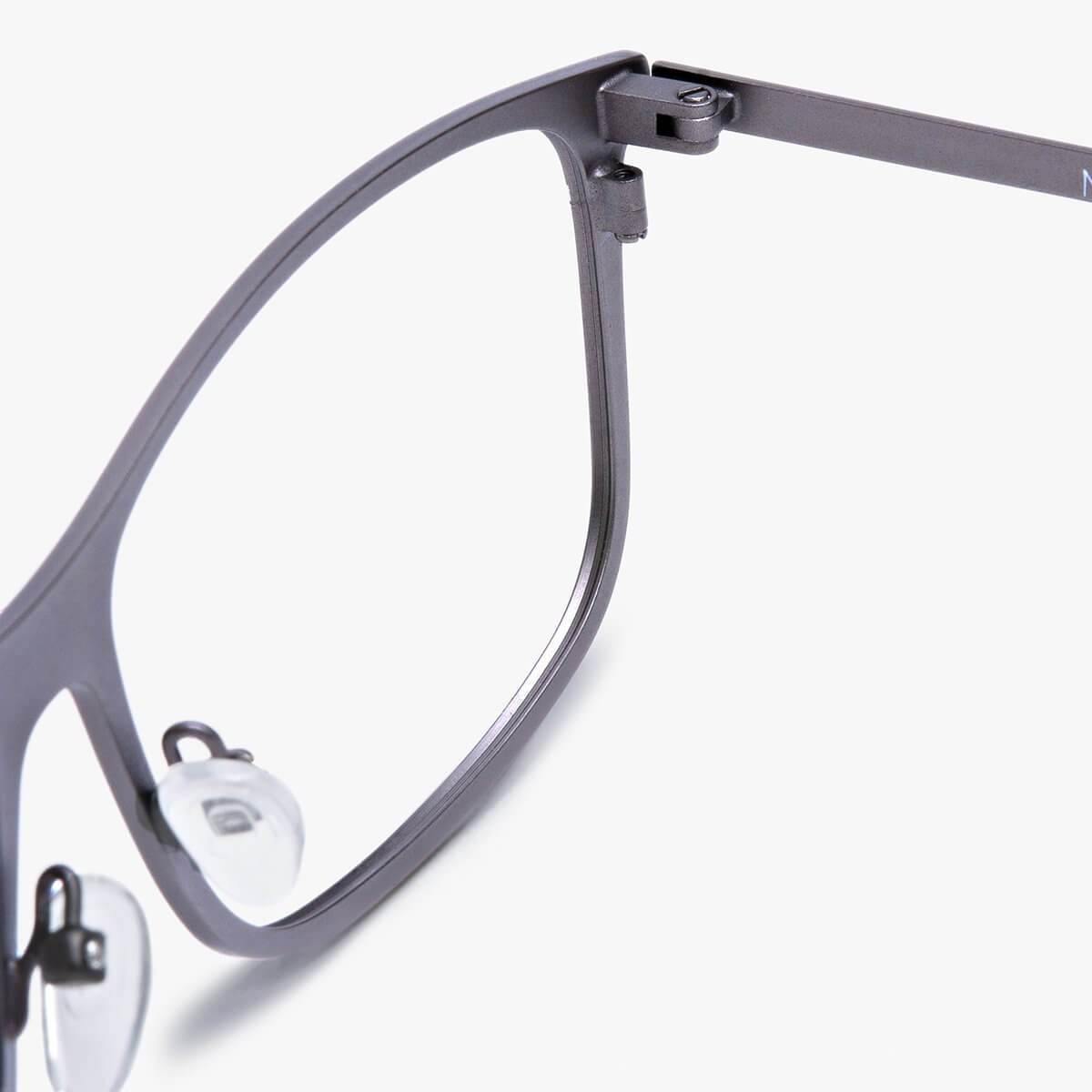 Close-up of the Møn Gun reading glasses with metallic frame