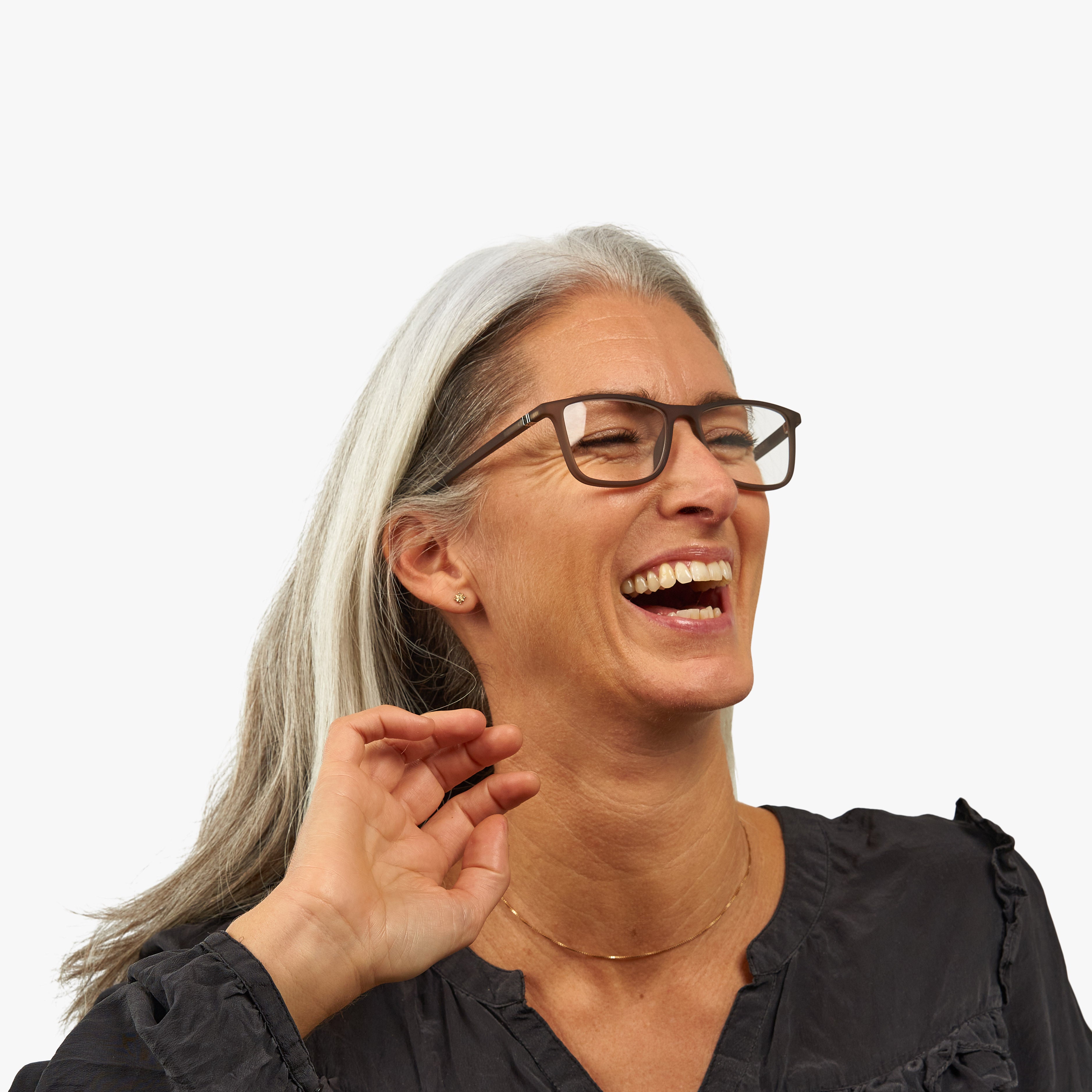 Person wearing Skagen Grey rectangular reading glasses