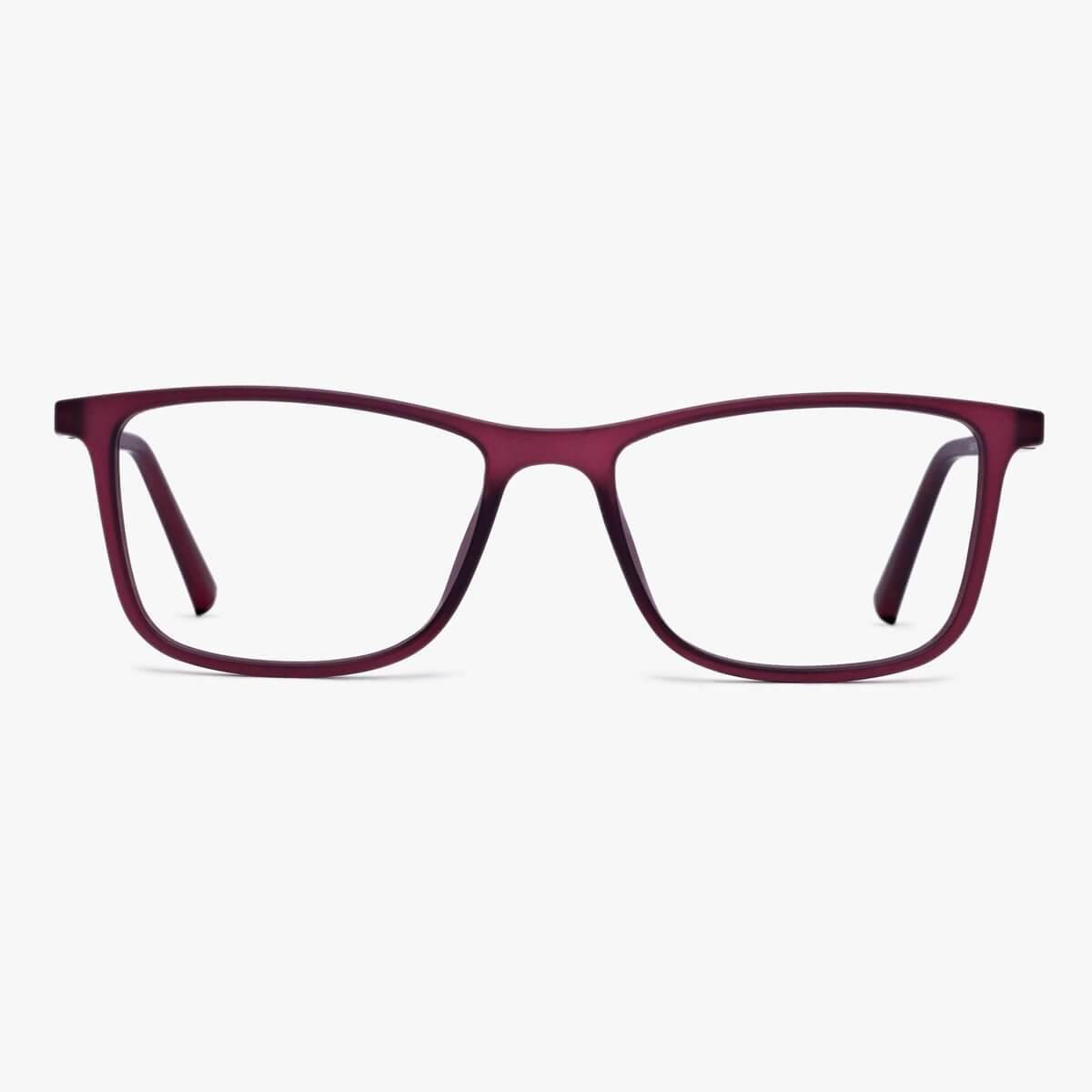 Women's red rectangular glasses with a sleek design