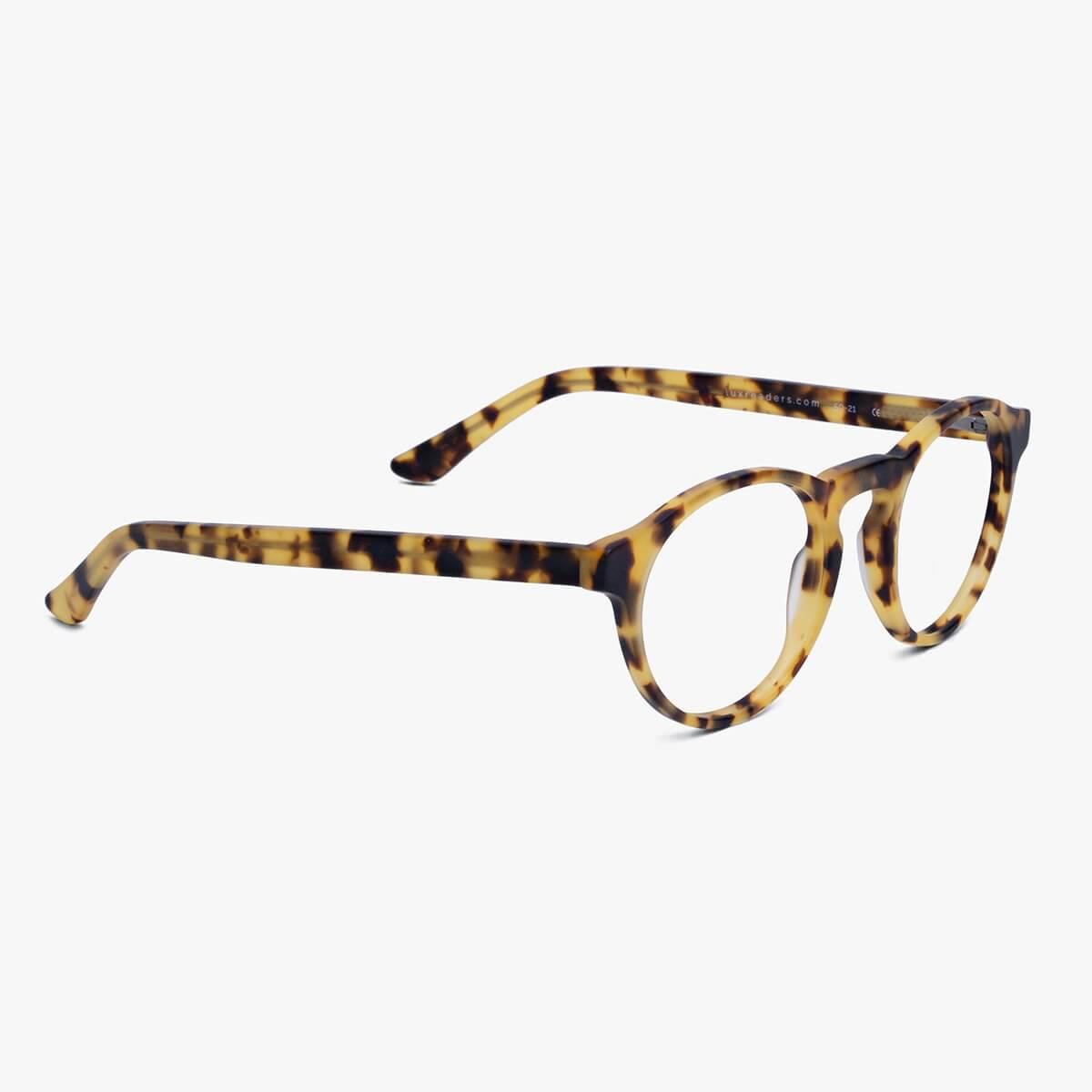 Tortoise shell round reading glasses with Luxreaders branding