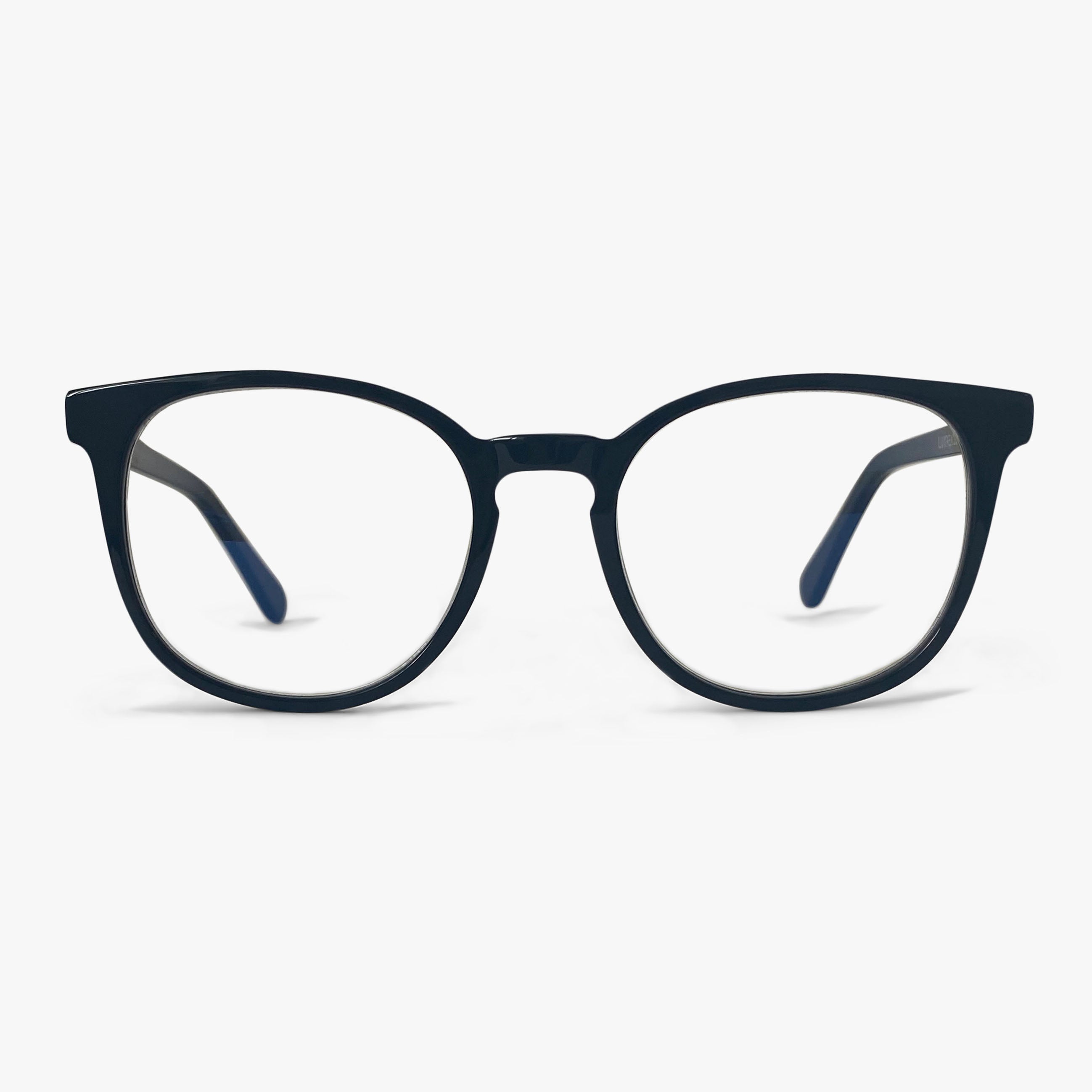 Black reading glasses with a classic round frame